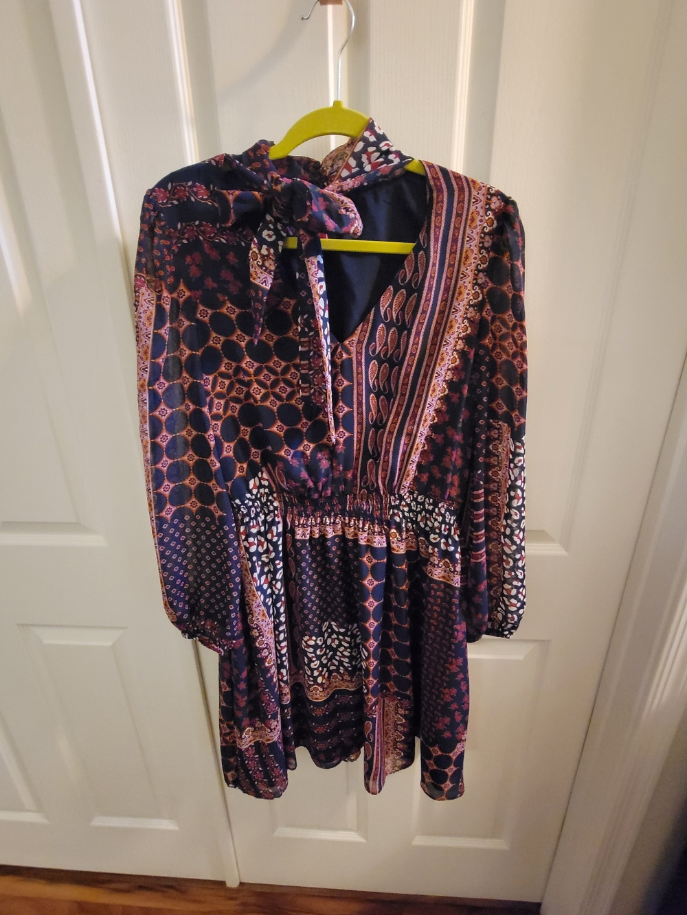 Vince Camuto Navy and Pink Patchwork Tie-Neck Midi Dress